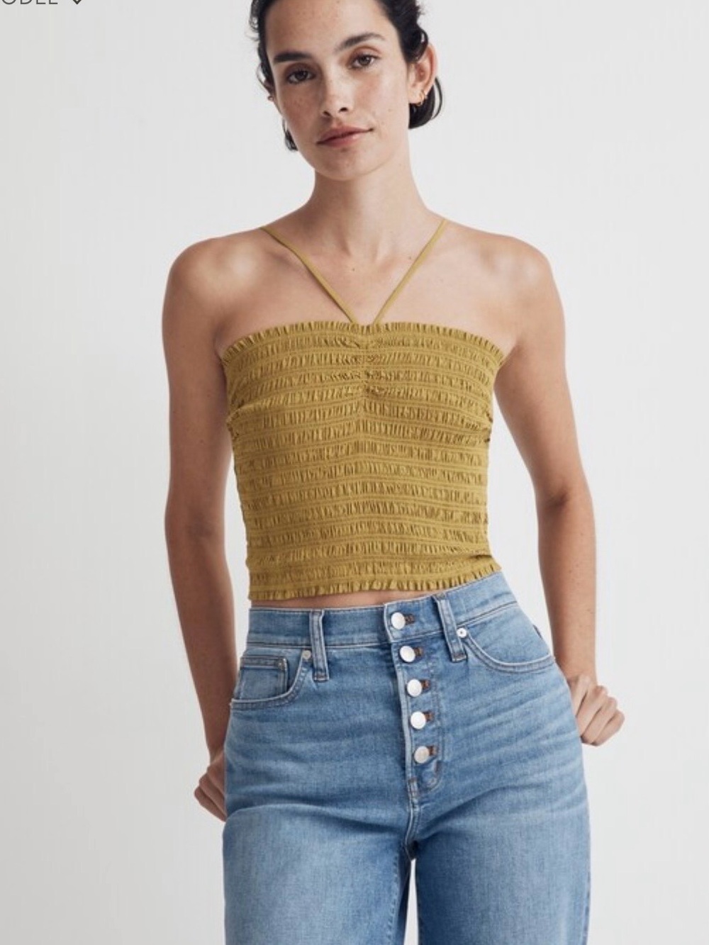 Madewell Mustard Smocked Halter Crop Top